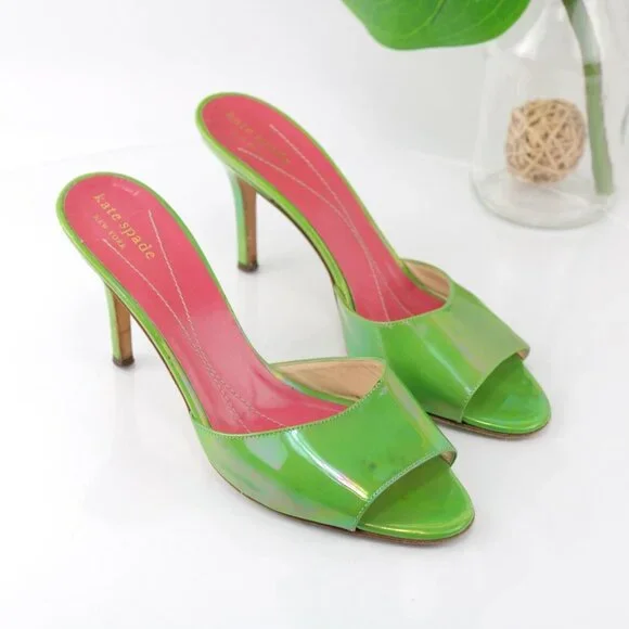 Kate Spade Womens Sandal Size 8.5 Shimmer Green Patent Slide Mule Heel Italy - Picture 2 of 12